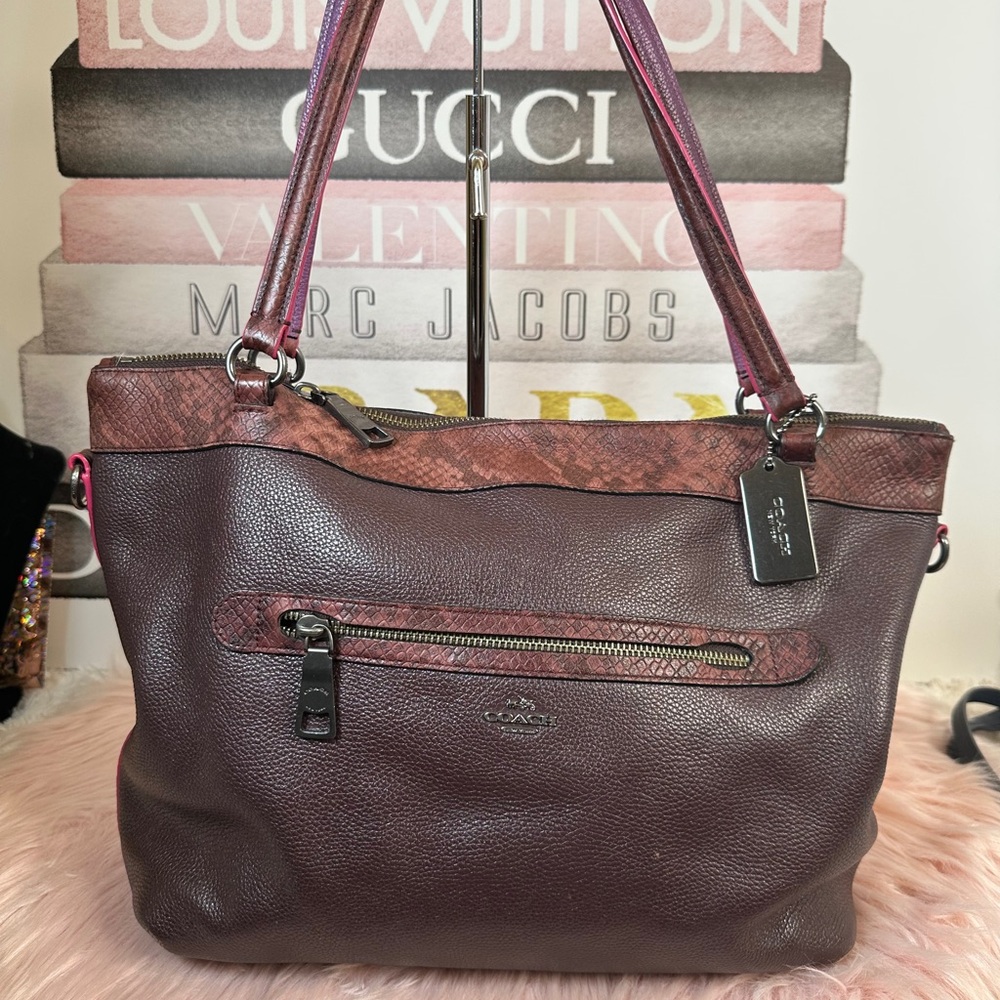 Coach Tyler Too Zip Snake Trim Leather Tote, Burgundy